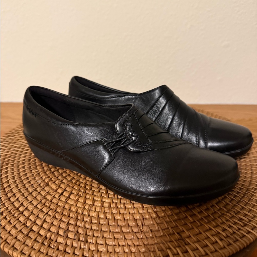 Clarks Black Leather Slip-On Shoes for Women